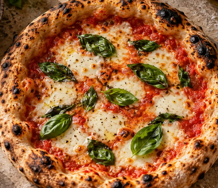 Close-up of a homemade pizza with a golden crust